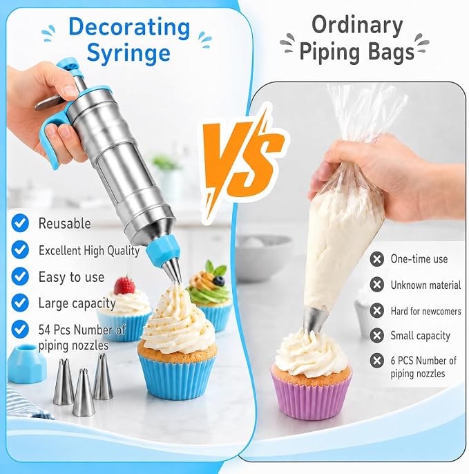 167-Piece Cake Decorating Kit, Icing Dispenser, 54 Tips, Light Blue | 100 Disposable Baking Cups, 10 Silicone Baking Cups, 2 Couplers, Instruction Manual, Stainless Steel Dispenser