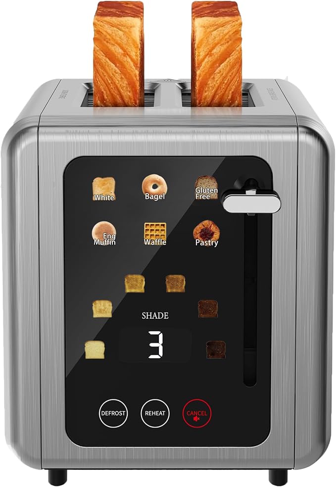 2 Slice Stainless Steel Smart Digital Timer Touch Screen Toaster | 6 Bread Types & 6 Shade Settings,Extra Wide Slots Toaster with Bagel,Defrost & Reheat Functions,Sound Function,Grey