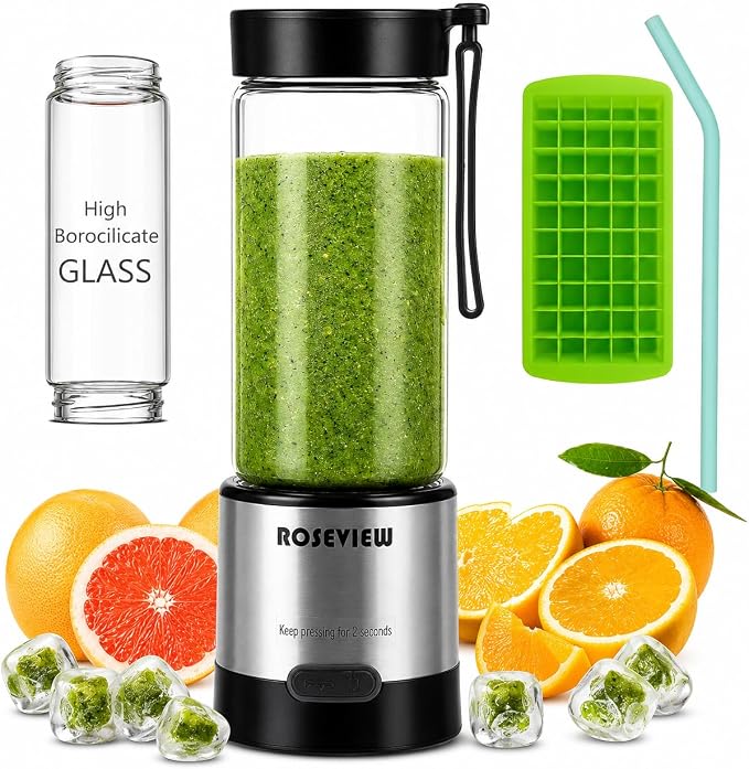 Portable Smoothie Blender ROSEVIEW Glass Cordless Mini Shakes Cup blend for smoothies USB rechargeable juicer 2 battery Handheld Personal travel Jet mixer (Black Steel) (Steel)