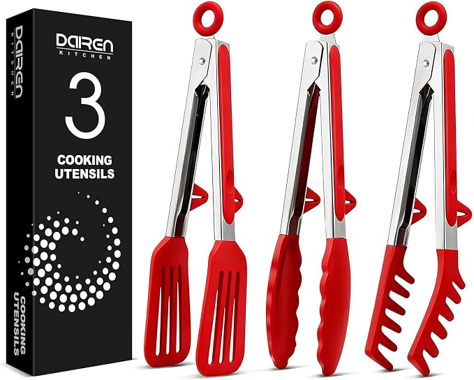 Kitchen Tongs for Cooking, Non Scratch Silicone Tip for Nonstick Cooking Pans, Food Grade Mini Serving Tongs, Pull Lock, Set of 3 (Red, 9 inch)
