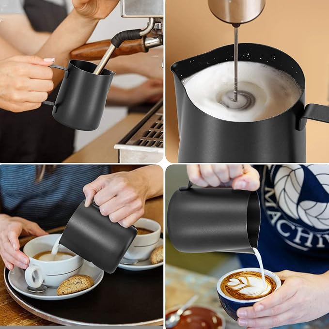 Milk Frothing Pitcher 600ml/20oz Steaming Pitchers Stainless Steel Milk Coffee Cappuccino Latte Art Barista Steam Pitchers Milk Jug Cup with Decorating Art Pen, Matte Black