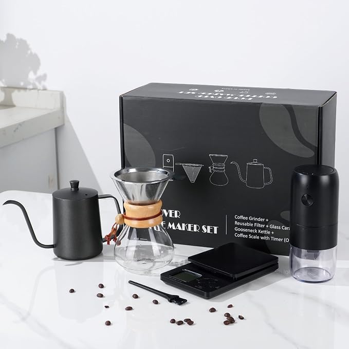 Pour Over Coffee Maker Set, Coffee Pour Over Dripper Kit with Kettle | All in One Coffee Set with Electric Coffee Grinder and Scale, Coffee Dripper Set with Carafe and Filter, Coffee Brewing Kit