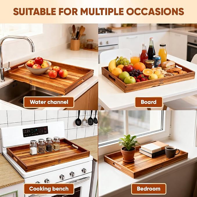 29.5x21.6 Teak Wood Stove Top Covers for Gas & Electric Stove with Handles | Noodle Board Stove Cover Tray for Counter Space, Cutting Board with Juice Groove