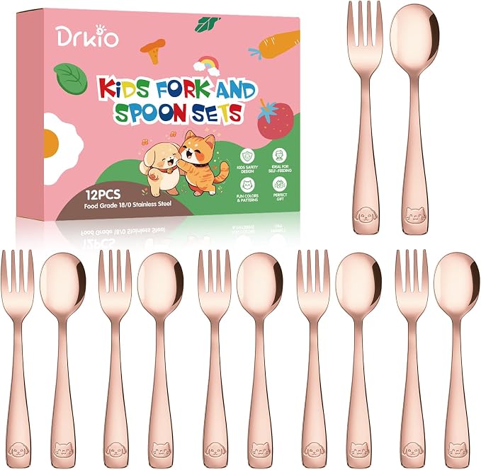 12Pcs Stainless Steel Toddler Utensils Small Metal Kids Silverware | Food-grade, Ideal Transitional Baby Forks and Spoons, Cute pattern, Designed for Children, Dishwasher Safe, Mirror Polished
