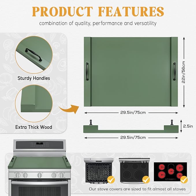 GASHELL Noodle Board Stove Cover with Handles for Electric, Gas Stove Top | 100% Bamboo, Forest Green, Increases Countertop Space, Multi-purpose, used as Charcuterie Board, Serving Tray, Turkey Board
