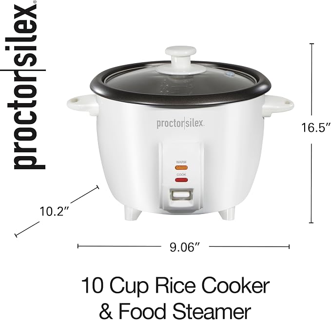 Proctor Silex Rice Cooker & Food Steamer, 10 Cups Cooked (5 Cups Uncooked) | Includes Steam and Rinsing Basket , Measuring Cup & Spatula | Easy 1 Touch Controls | White | 37533MN