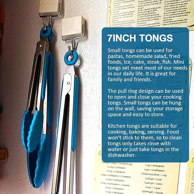 7 Inch Mini Serving Tongs with Silicone Tips Set of 3(Blue) | Stainless Steel Handle, Non-Scratch, Heat Resistant