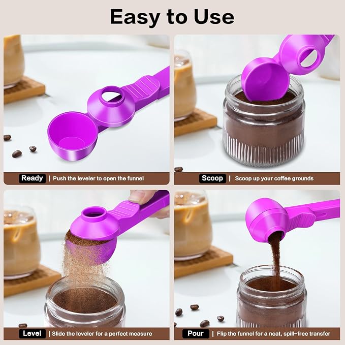 2-in-1 Coffee Scoop with Funnel, 2 Tbsp Measuring Spoon for Reusable K Cups, Ground Coffee, Protein Powder & Tea, Mess-Free Plastic Design（Rose Red-2pack）