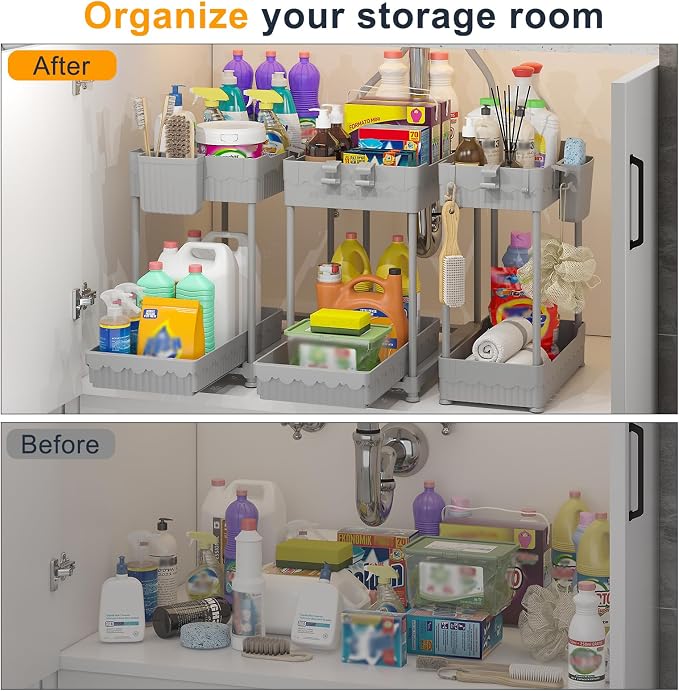 3-Pack 2-Tier Under Sink Organizers with Sliding Drawers | Multi-use kitchen & bathroom storage, 12.8 inch gray cabinet organizer, space-saving sliding drawer design.