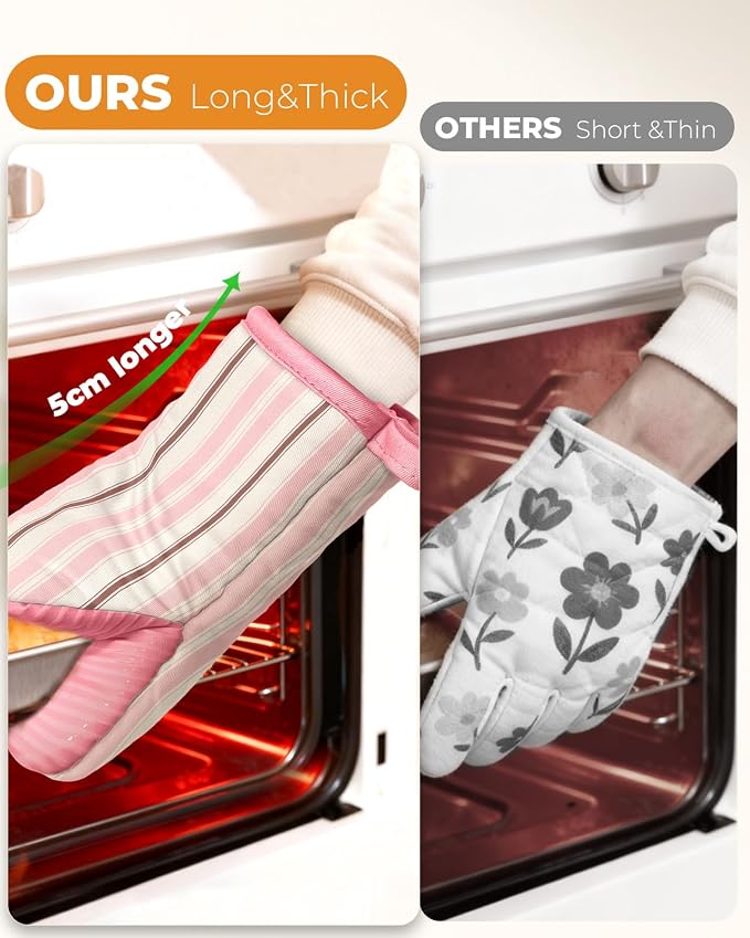 100% Thick Cotton Mini Oven Mitts Silicone Grip Pink Stripe | Elegant Classic Oven Mitts for Women, Machine Washable, Non-Slip, Reversible Design Fits Both Hands, Stylish Kitchen Decor