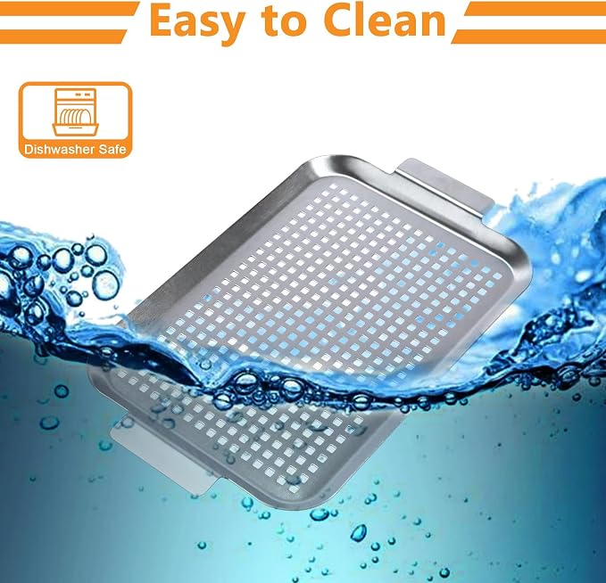 Grill Pan Set of 2, BBQ Grill Topper for Outdoor Grill, Stainless Steel Grilling Baskets with Holes and Handles, Perforated Food Tray Barbecue Accessories for Vegetable, Fish, Meat, Seafood | Stainless Steel Grilling Baskets with Holes and Handles, Per...