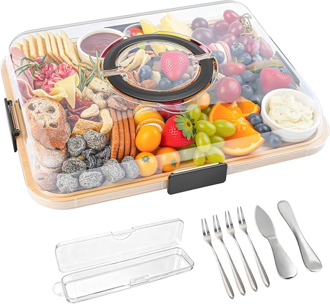 Portable Bamboo Charcuterie Board with Lid, 1 Compartment | Includes Knife Set, Plates, Forks & Handle, Travel Serving Tray Platter for Cheese, Meat, Fruit, Housewarming Gift for Women