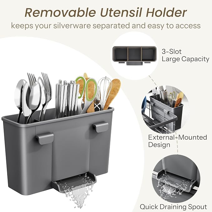SNTD Dish Drying Rack for Small Kitchen Counter, 11" W x 15" L, Grey | Space Saving, Rotating Spout & Angled Drainboard for Quick Drainage, Stainless Steel, Removable Utensil Holder