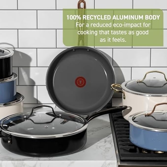 T-Fal Preserve Ceramic Nonstick Saute Pan with Lid 5.5 Qt, Oven and Broiler Safe up to 350°F Cookware, Frying Pan, Stay-Cool Handle, Skillet Pots and Pans, Blue