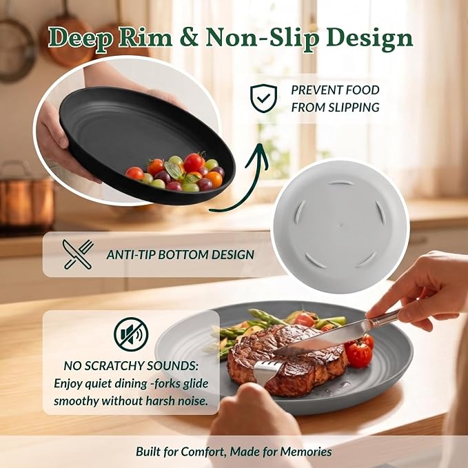 Wheat Straw Dinner Plates Set of 8-11 Inch, Alternative to Plastic, Microwave & Dishwasher Safe, Unbreakable Kids Plates with 4 Colors (Stone Grey)