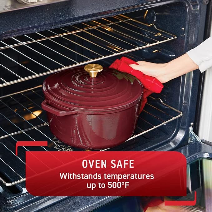 T-fal Cast Iron Enameled Dutch Oven 6 Quart Induction Oven Broiler Safe 500F Pots and Pans, Cookware Red