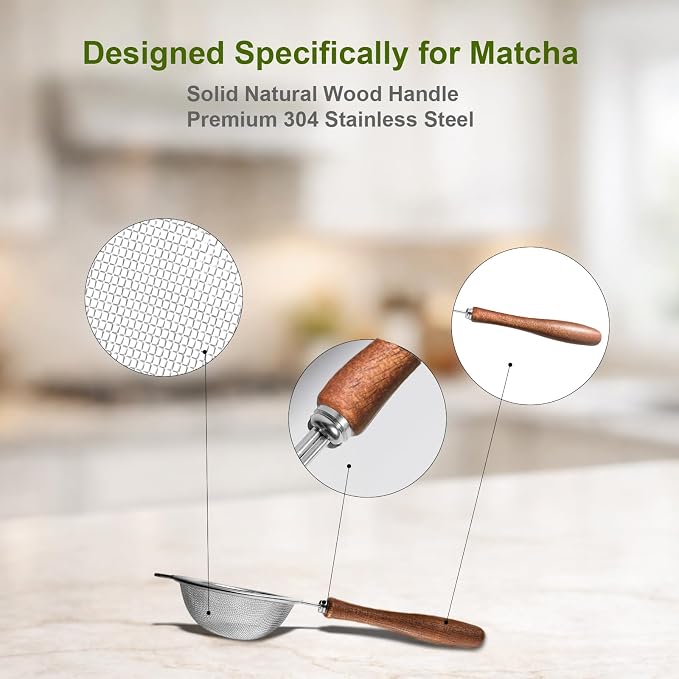 Matcha Sifter Set of 2, Fine Mesh Tea Strainers with Light Wood Handles