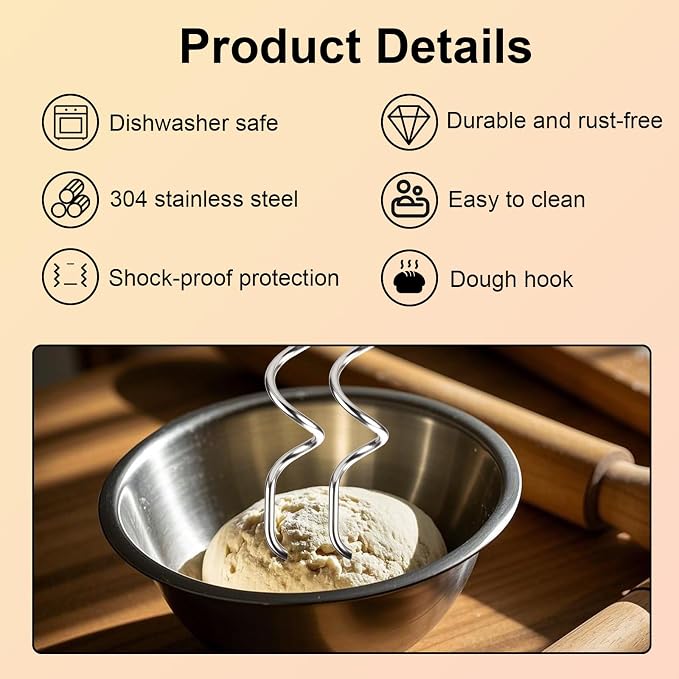 2pcs 990143000 Mixer Dough Hook for Hamilton, Stainless Steel Hand Mixer Replacement Beaters Attachments Dough Hook Accessories Compatible with Hamilton Beach 62630R 62632R 62633R