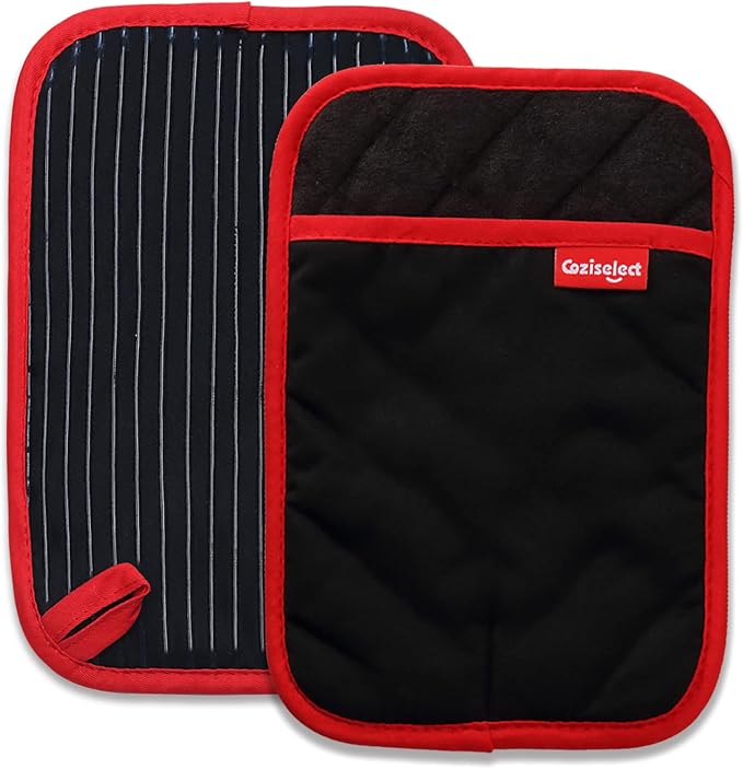 Hot Pads for Kitchen, Potholders for Kitchen Heat Resistant, Heavy Duty Pot Holders with Pockets Non Slip, Pure Cotton and Terrycloth Lining Pot Holders Set of 2, Black
