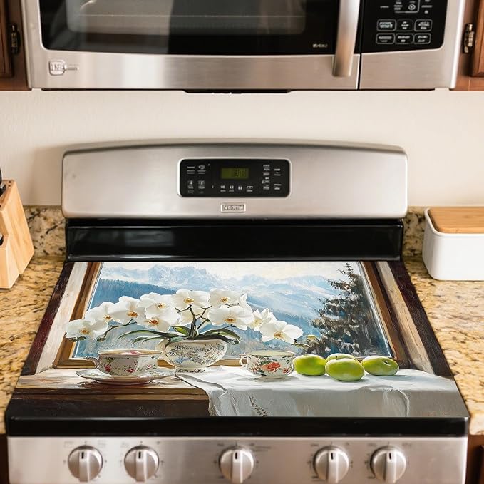 Nuxovilar Mountain Stove Cover Diatom Mud 20.47x28.34 In | Glass Protector Countertop Mat Counter Saver Cooktop Cover Kitchen Home Window Counter (Orchid Snow Mountain)