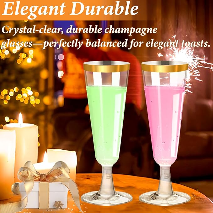 200 Pack Plastic Champagne Flutes with Gold Rim, 5.5 Oz Clear Disposable Plastic Champagne Glasses, Wine Glasses Cups for Wedding Celebration Birthday Party Wine Tasting New Years Eve Party Supplies