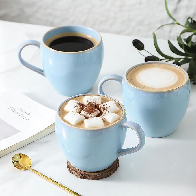 Coffee Mugs Set of 4, Stoneware 16 Oz Coffee Mugs for Cappuccino Latte Cocoa and Tea, Ceramic Coffee Cups with Handle,Sky Bule Mugs for Housewarming Gifts, Microwave and Dishwasher Safe
