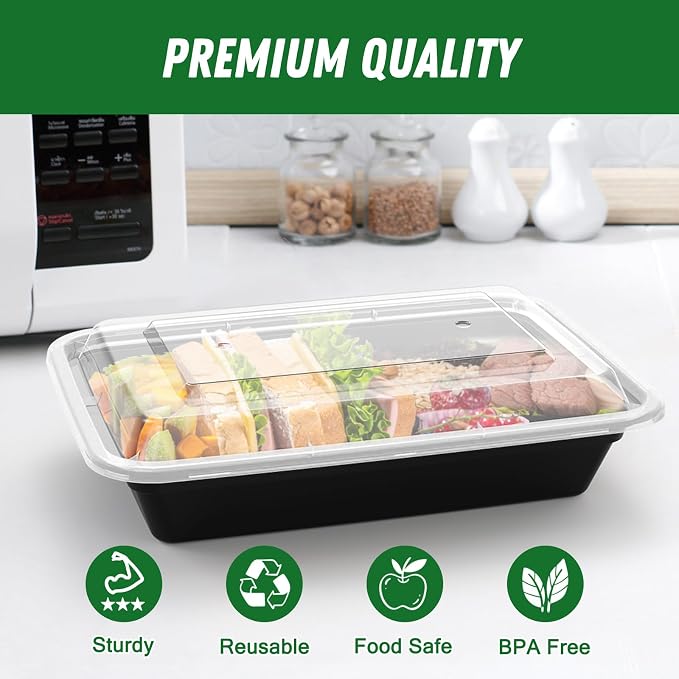 Dealusy 50 Pack (100-Piece) 28 oz Meal Prep Containers Reusable with Lids | Sturdy Leakproof & Food Safe, Microwave, Freezer, Dishwasher Safe Prep Containers, To Go Take Out Plastic Food Storage