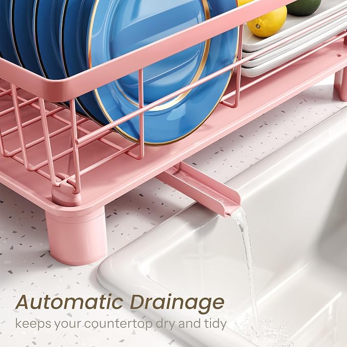 SNTD Dish Drying Rack for Small Kitchen Counter, 11" W x 15" L, Pink | Space Saving, Rotating Spout & Angled Drainboard for Quick Drainage, Stainless Steel, Removable Utensil Holder