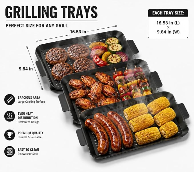 3PCS Grill pan: Grill Topper for Outdoor Grill, Non-Stick Enamel Coating Grill Topper Suitable for Camping, Picnic, Party