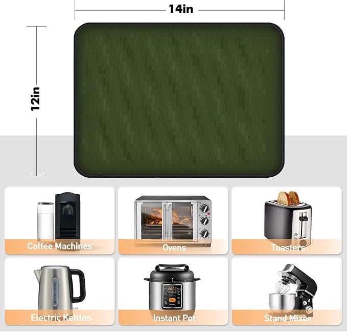 Non-slip Air Fryer Mats for Countertop, 2mm Thick, 14x12 in, Green | 1022°F Fireproof mat, heat resistant mats for countertop, non-slip silicone bottom, air fryer accessories for ninja, cosori