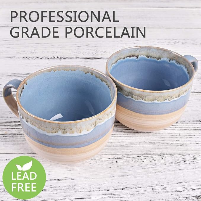 Bosmarlin Large Ceramic Coffee Mug Set of 2, Stoneware Jumbo Latte Mugs for Office and Home, 16 Oz, Dishwasher and Microwave Safe(Blue, 2)