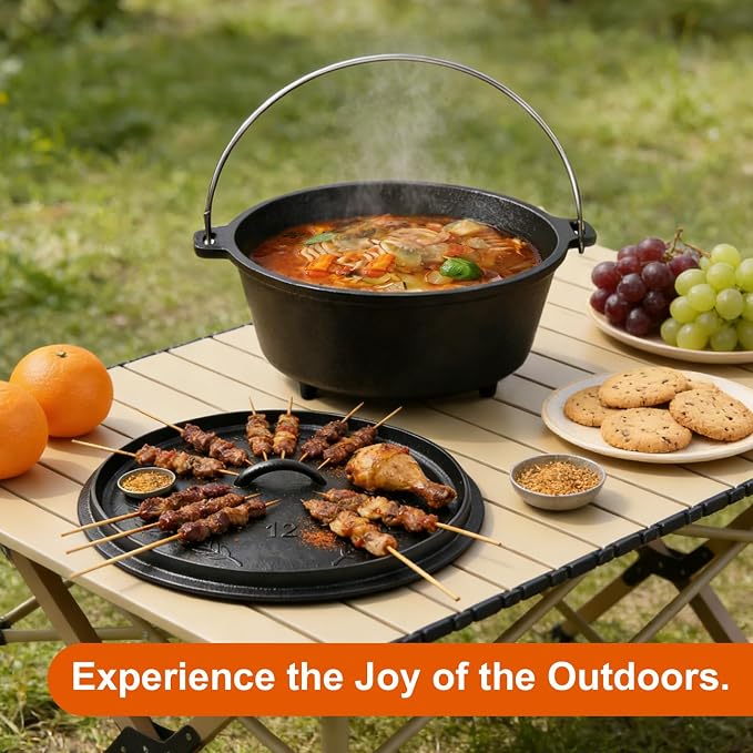 Pre-Seasoned 8QT Large Cast Iron Camping Dutch Oven Pot with Lid | Heavy- Duty Camping Cookware incl. Lid Lifter - Dual Handles - for Outdoor Campfire, Grill, Oven & Stovetop Cooking Black