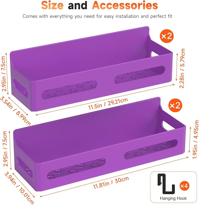 4-Pack Magnetic Spice Rack for Refrigerator with Hooks, Purple | Strong multipurpose magnetic shelf for kitchen & bathroom organization. Includes 4 removable hooks for hanging items.