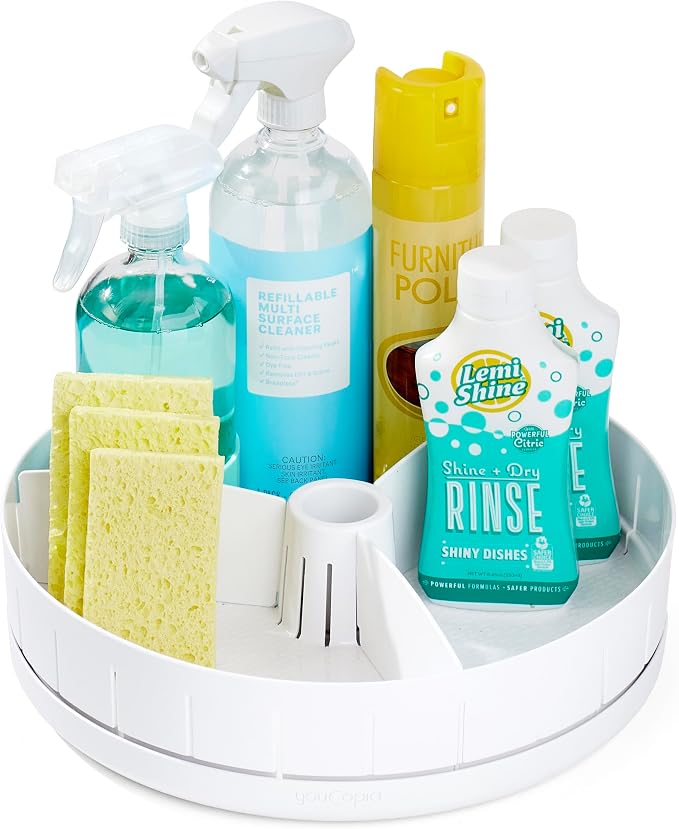 YouCopia SinkSuite Under Sink Turntable with Adjustable Dividers, Lazy Susan Organizer for Kitchen or Bathroom Storage, White