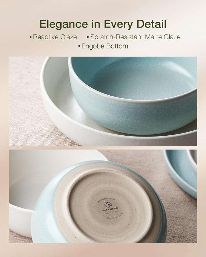 Famiware Milkyway 12-Piece Dinnerware Set, Matte Beige White & Light Blue | Stoneware Plates and Bowls for 4, Reactive Glaze Dish Set, Microwave & Dishwasher Safe, Chip & Scratch Resistant