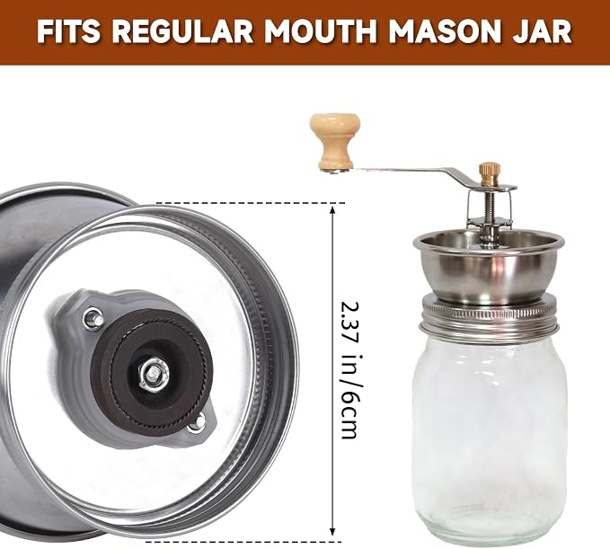 Mason Jar Coffee Grinder, Manual Coffee Grinder Lid Attachment for Regular Mouth Mason Jars, Stainless Steel Mason Jar Lid and Ceramic Burr, Ideal for Camping & Home Barista