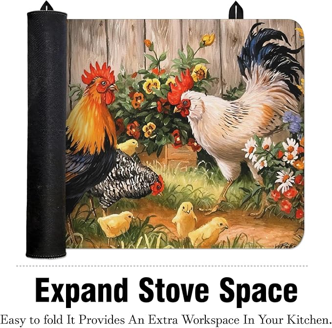 Rooster Stove Top Cover for Electric Stoves,Sumflowers Farmhouse Glass Stove Top Cover for Kitchen Decor,Heat Resistant Cooktop Protector Mat,Non-Slip Washable Dish Drying Mat 28"x20"