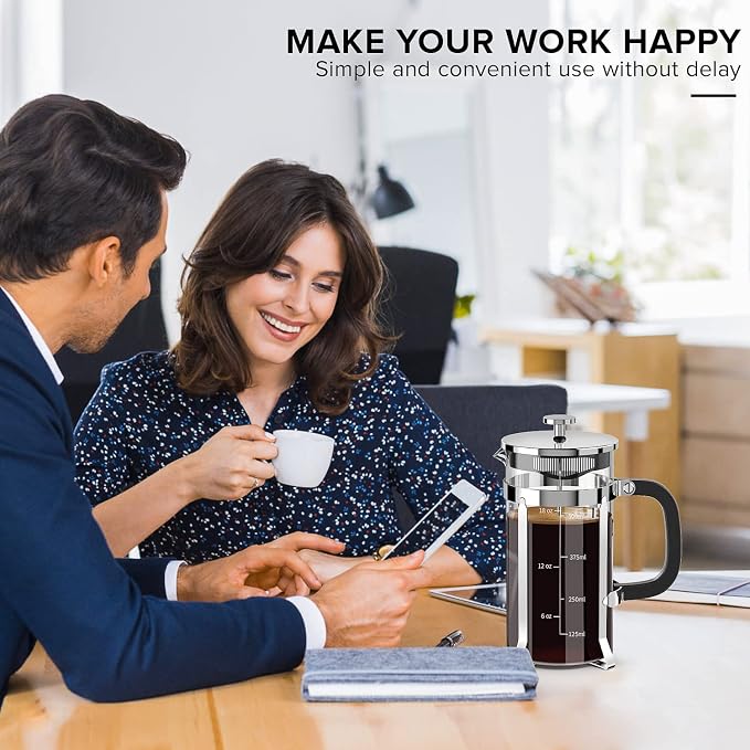 QUQIYSO French Press Coffee Maker 21oz,Borosilicate Glass Coffee Press | Thickened Glass Stainless Steel Coffee French Press,Easy to Clean,4 Filter Suitable for Kitchen Party Camping Gifts(Silver)