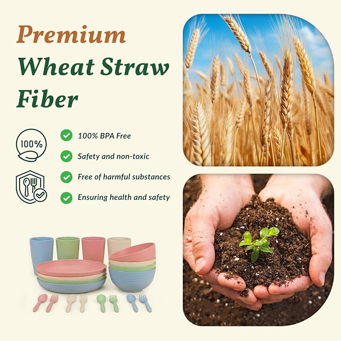 Wheat Straw Dinnerware Sets 20 PCS Cups and Plates Sets for Kitchen Microwave and Dishwasher Safe Plate Set Unbreakable Camping Dish Set Kids Plates and Bowls Sets for Picnic, RV (Multilight)