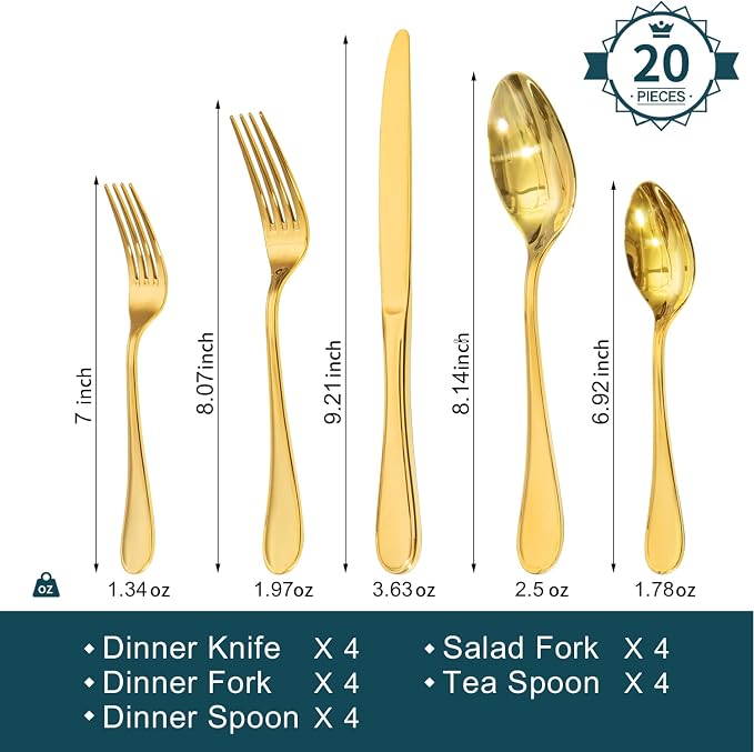 18/10 Stainless Steel Silverware Set for 4, 20 Piece Gold Flatware Set | KINGSTONE Teardrop Heavy Cutlery Set, Mirror Polished Knives Fork Spoons Utensils, Dishwasher Safe for Home Kitchen Wedding