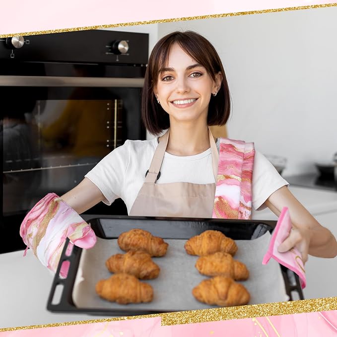 Bencailor 6 Pcs Pink Kitchen Decor Marble Kitchen Towels Set Pot Holders and Oven Mitts Pink Marble Linens Set for Baking Cooking Grilling Cleaning Supply Accessories