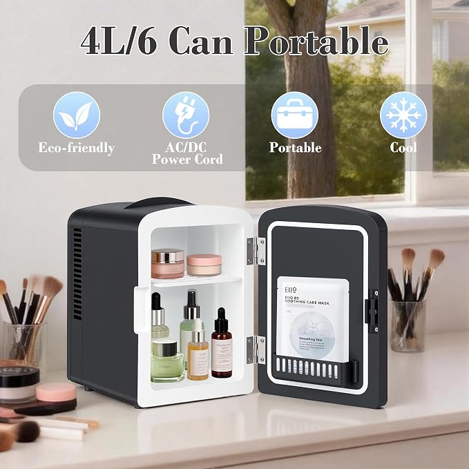 Mini Fridge, 4 Liter /6 Cans Makeup Fridge with Dimmable LED Mirror - Black | Compact Mini Skincare Fridge for Beauty & Beverages, Dual-use Portable Tiny Fridge for Bedroom, Desk, Office, Home, Car, Gift