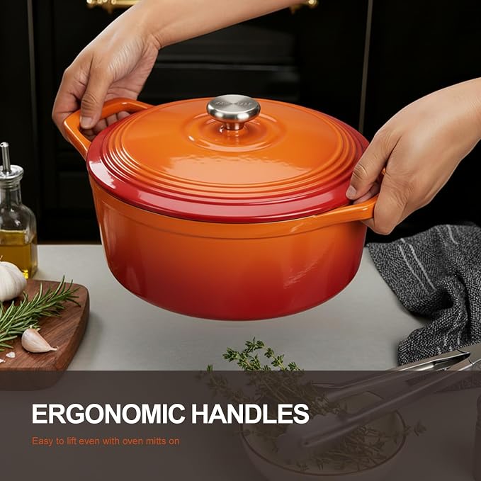 Overmont Enameled Cast Iron Dutch Oven - 5.5QT Pot with Lid Cookbook & Cotton Potholders - Heavy-Duty Cookware for Braising, Stews, Roasting, Sourdough Baking Orange