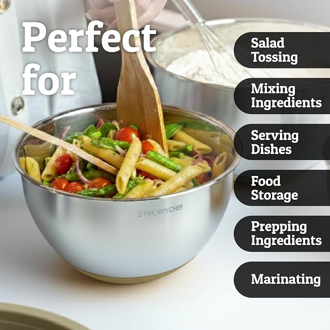 Stainless Steel Mixing Bowls with Lids Set, Metal Nesting Bowls with Airtight Lids, Graters, Non-Slip Base & Measurement Marks, Includes Utensil Set for Prep, Baking & Storage, Khaki