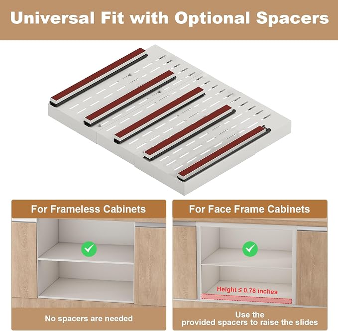 Fokyfok Pull Out Cabinet Organizer,23"-31"W,17"-24"D,Expandable,Adhesive | No Drill,5 Rails,Roll out Drawers,Adjustable Slide out Shelves for Kitchen,Pantry,Framed and Framless Cabinets,White,1PC