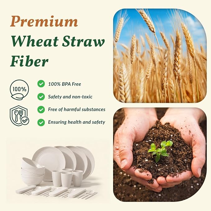 Plates and Bowls Sets 28 PCS Modern Wheat Straw Dinnerware Sets for 4 Unbreakable Kitchen Plate Set - Dinner Plates, Plastic Bowls, Travel Utensils Microwave & Dishwasher Safe (White)