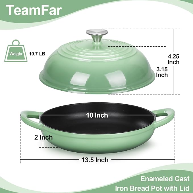 TeamFar Cast Iron Bread Dutch Oven, 6 Qt Enameled Dutch Oven Pot | for Bread Baking, with Tall Dome Lid & Round Base Pan, Self-Basting & Even-Heating, Heavy-Duty & Non-stick, Pistachio Green