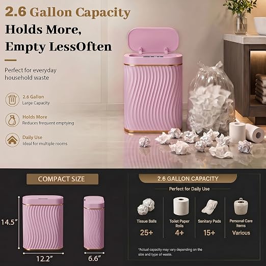 2.6 Gallon Automatic Bathroom Trash Can with Touchless Lid,Pink Gold | Motion Sensor Trash Can with Slim Waterproof Body; Small Plastic Garbage Can, hands-free lid for Bedroom, office, and kitchen