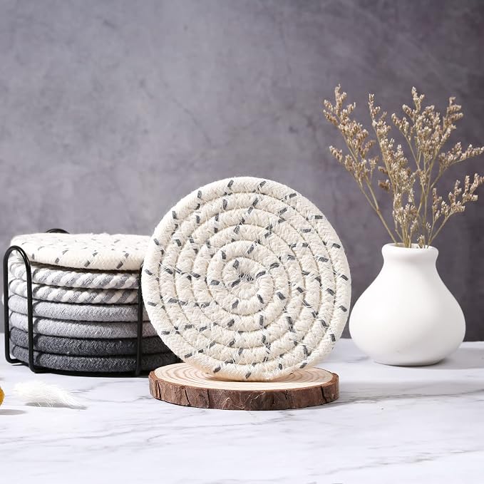 8 Pcs Drink Coasters with Holder, 4 Colors Absorbent Coasters, Minimalist Cotton Woven Coaster Set for Living Room Decor, Tabletop Protection Suitable for Kinds of Cups, 4.3 Inches