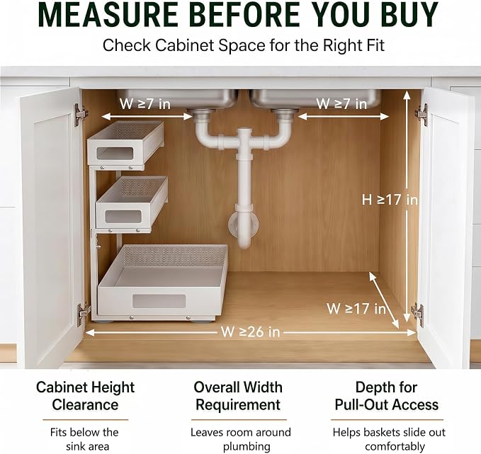 3 Tier Under Sink Organizer,1 Pack Pull Out Cabinet Shelves with Adjustable Height,Heavy Duty Carbon Steel L-Shaped Storage for Kitchen Bathroom Sink,Pantry & Laundry,White
